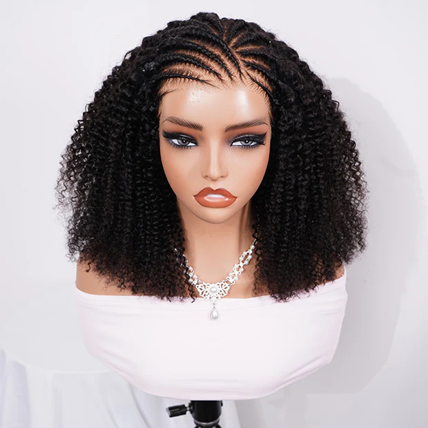 Pre-Braided Front Afro Curly 10x6 Parting Max Glueless Wigs Fulani Braids Curly Human Hair Wear Go Wigs