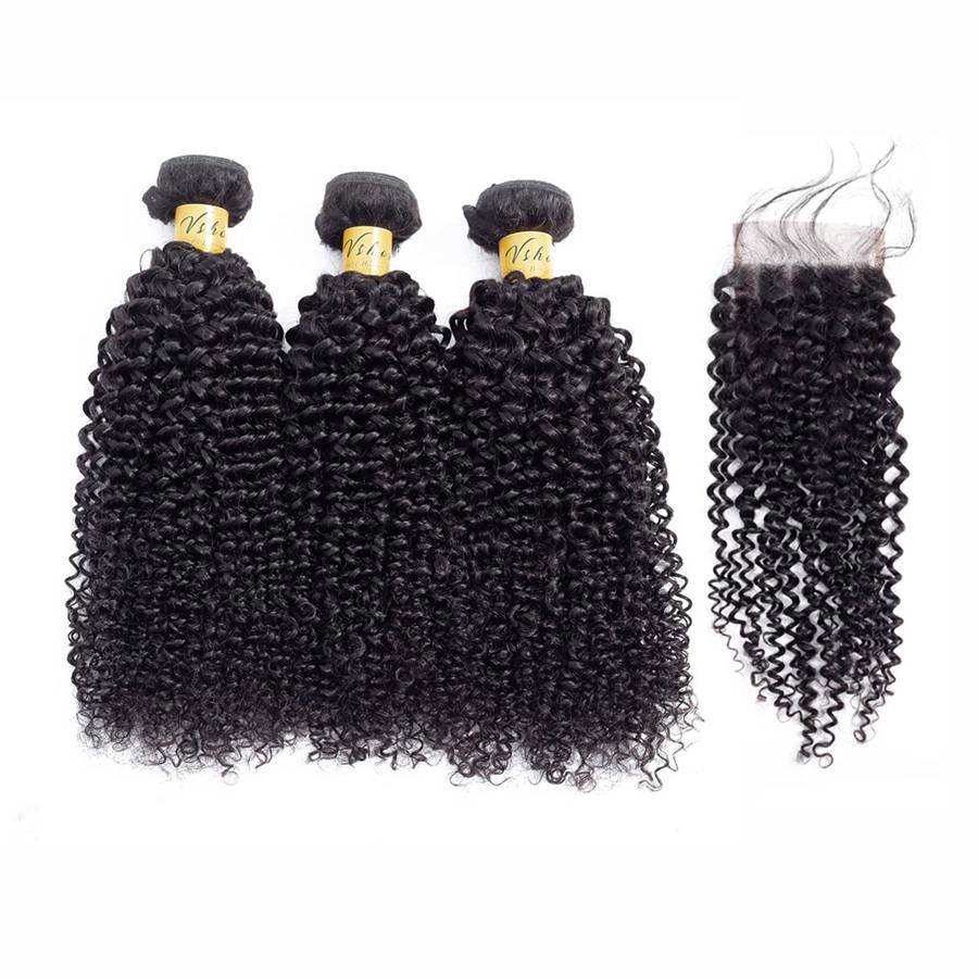 VSHOW HAIR Premium 9A Indian Human Virgin Hair Kinky Curly 3 Bundles with Pre Plucked Closure Deal Natural Black