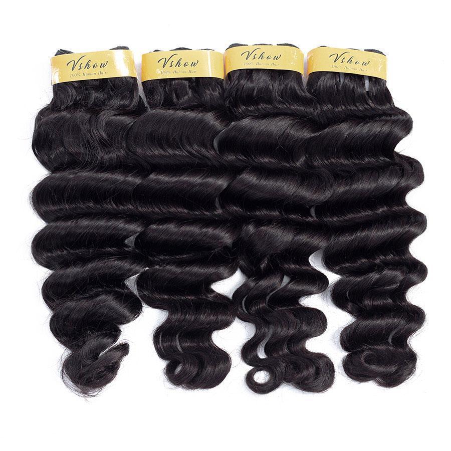 VSHOW HAIR Premium 9A Brazilian Human Virgin Hair Loose Deep Wave 4 Bundles with Pre Plucked Closure Deal Natural Black - Image 4