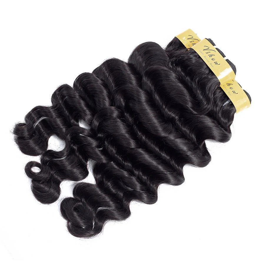 VSHOW HAIR Premium 9A Indian Human Virgin Hair Loose Deep Wave 3 Bundles with Pre Plucked Closure Deal Natural Black - Image 4
