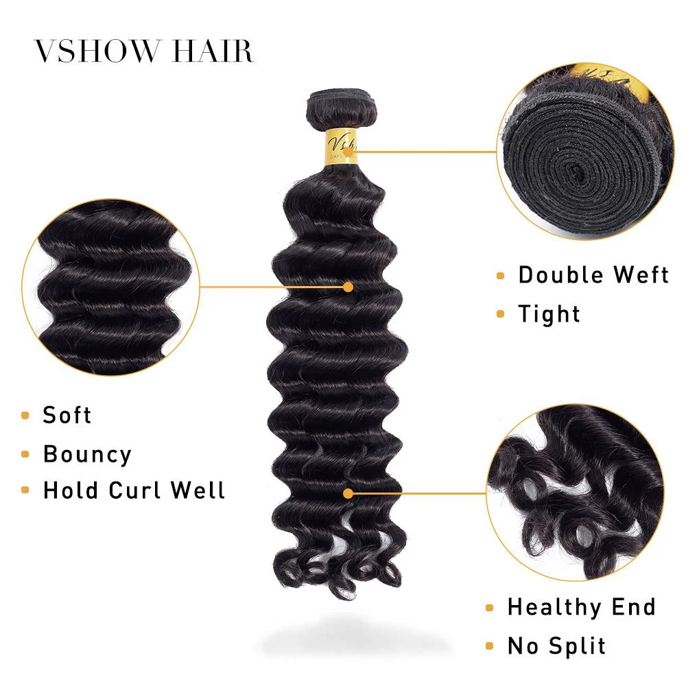 VSHOW HAIR Premium 9A Malaysian Human Virgin Hair Loose Deep Wave Natural Black 4 Bundles Deal - Image 4