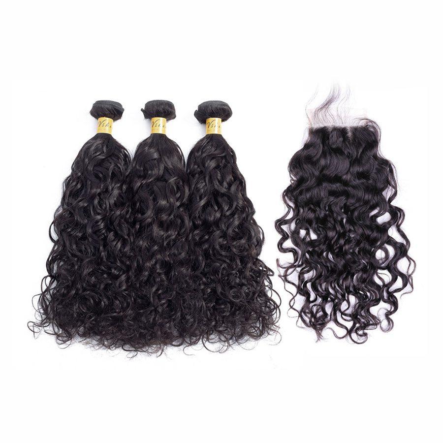 VSHOW HAIR Premium 9A Peruvian Human Virgin Hair Natural Wave 3 Bundles with Pre Plucked Closure Deal Natural Black