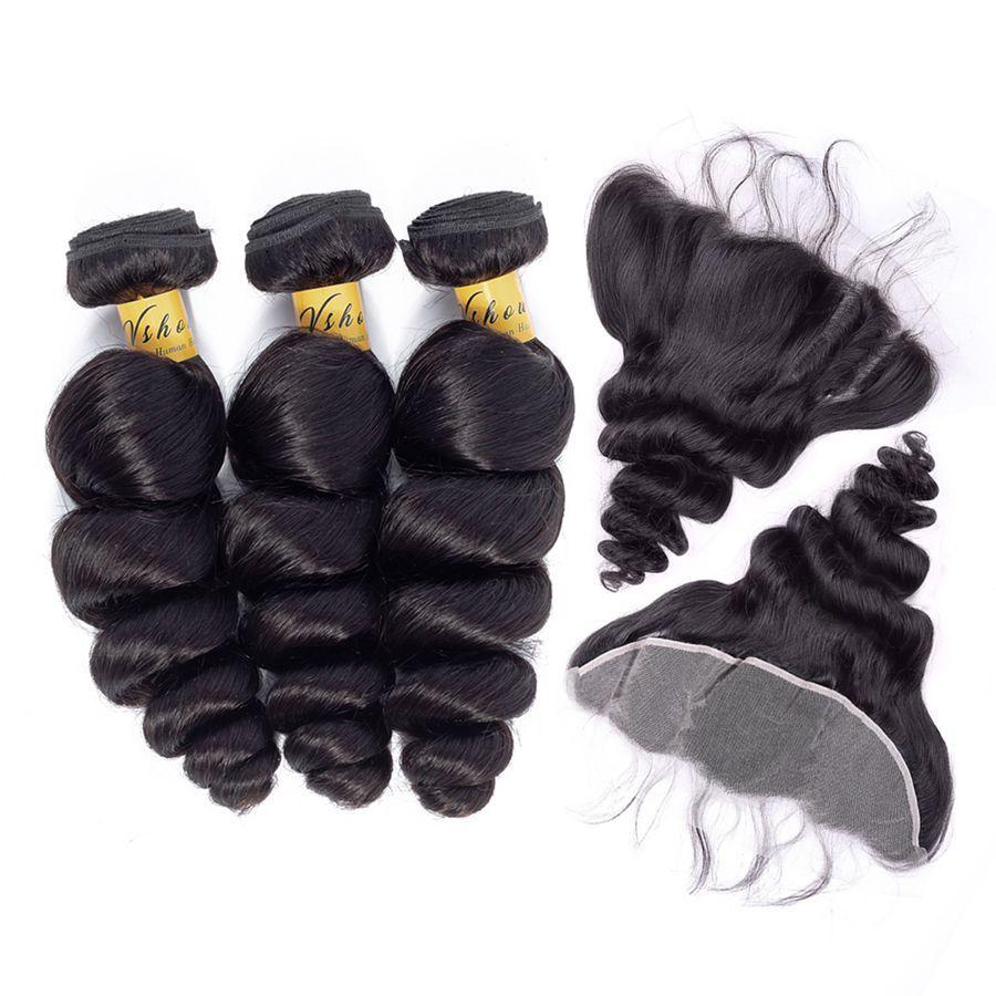 VSHOW HAIR Premium 9A Peruvian Human Virgin Hair Loose Wave 3 Bundles with Pre Plucked 13x4 Frontal Natural Black - Image 2